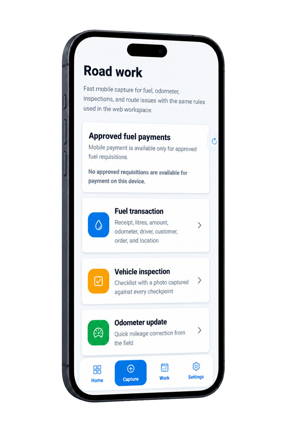 Gazole Fleet Road Work interface in a modern iPhone mockup